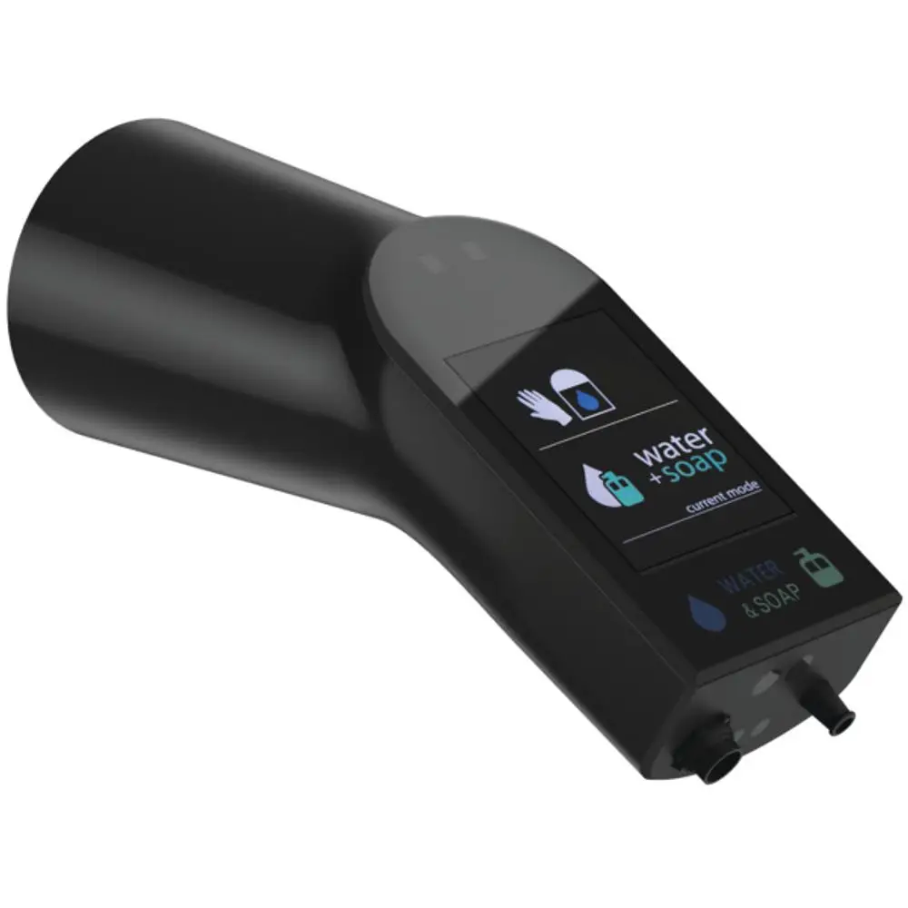 Schwarze Sensorarmatur von Ideal Standard mit Touchscreen zur Steuerung von Wasser- und Seifenmix, ohne Mischung, für Netzbetrieb.